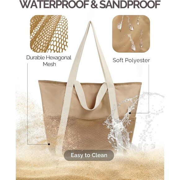 Women Khaki Beach Bag Large Waterproof Sandproof Foldable Tote With Zipper Mesh - Picture 3 of 8